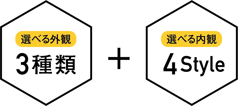 選べる外観3種類、選べる内観4Style